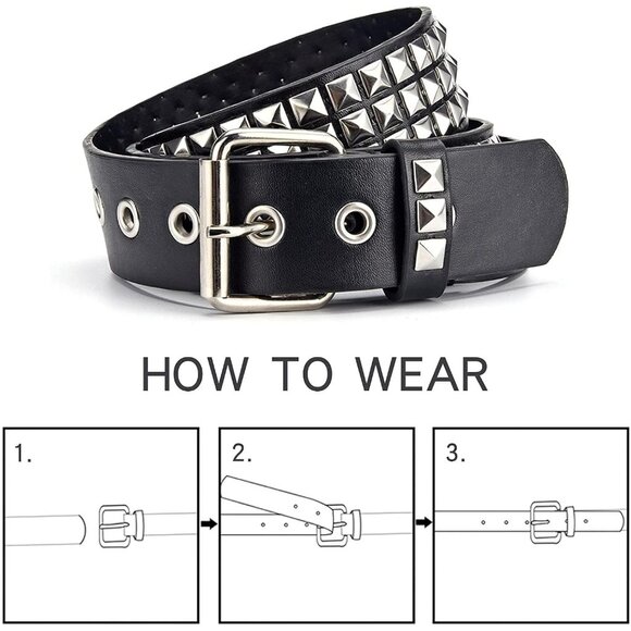Women's Black Metal Punk Rock Rivet Belt with Bright Pyramid Studded - Picture 6 of 7